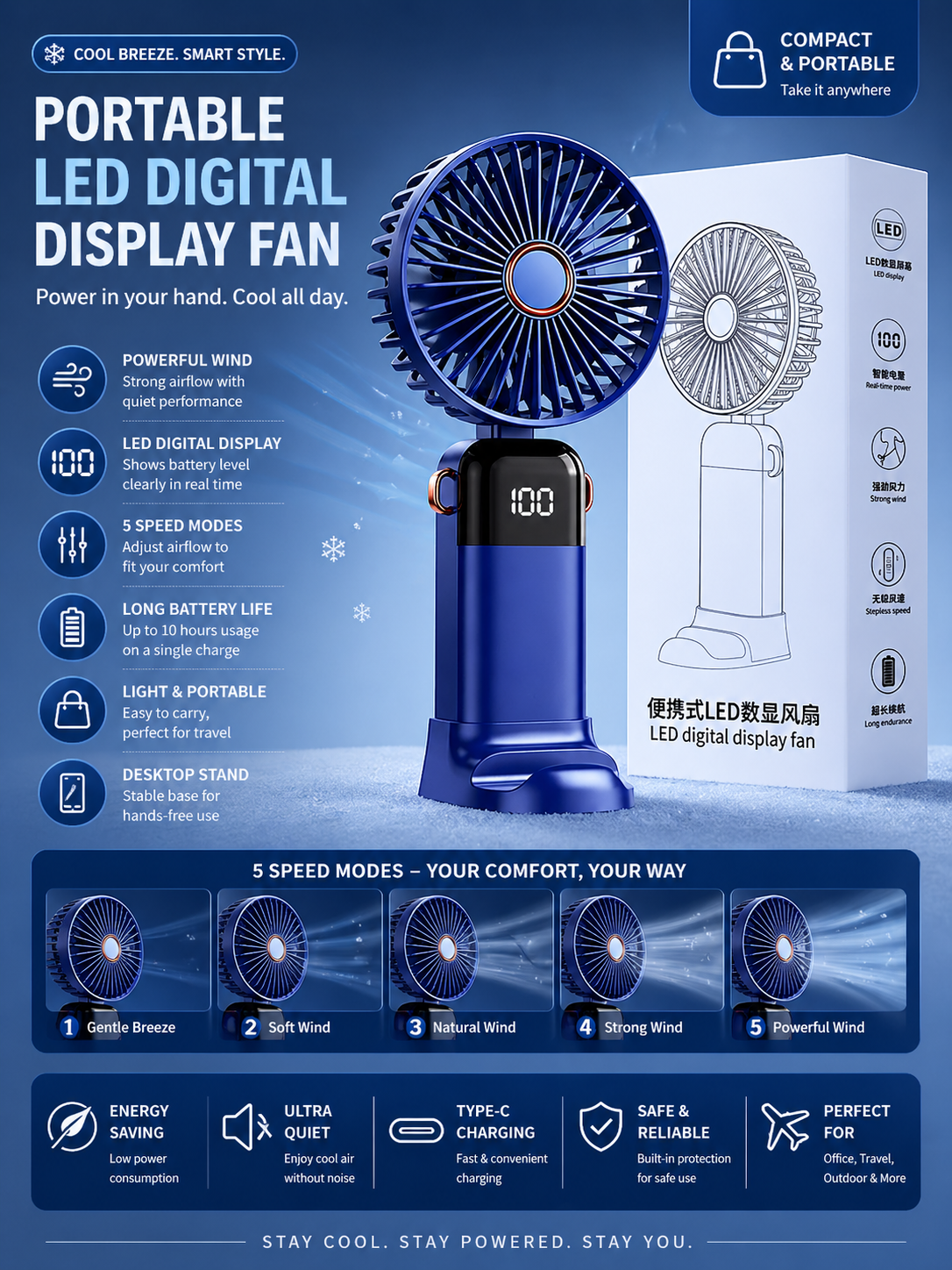 Mini USB Fan with Digital Display | মিনি ইউএসবি ফ্যান রিচার্জেবল 5 স্পিড (বেস ও ডিজিটাল ডিসপ্লে সহ)