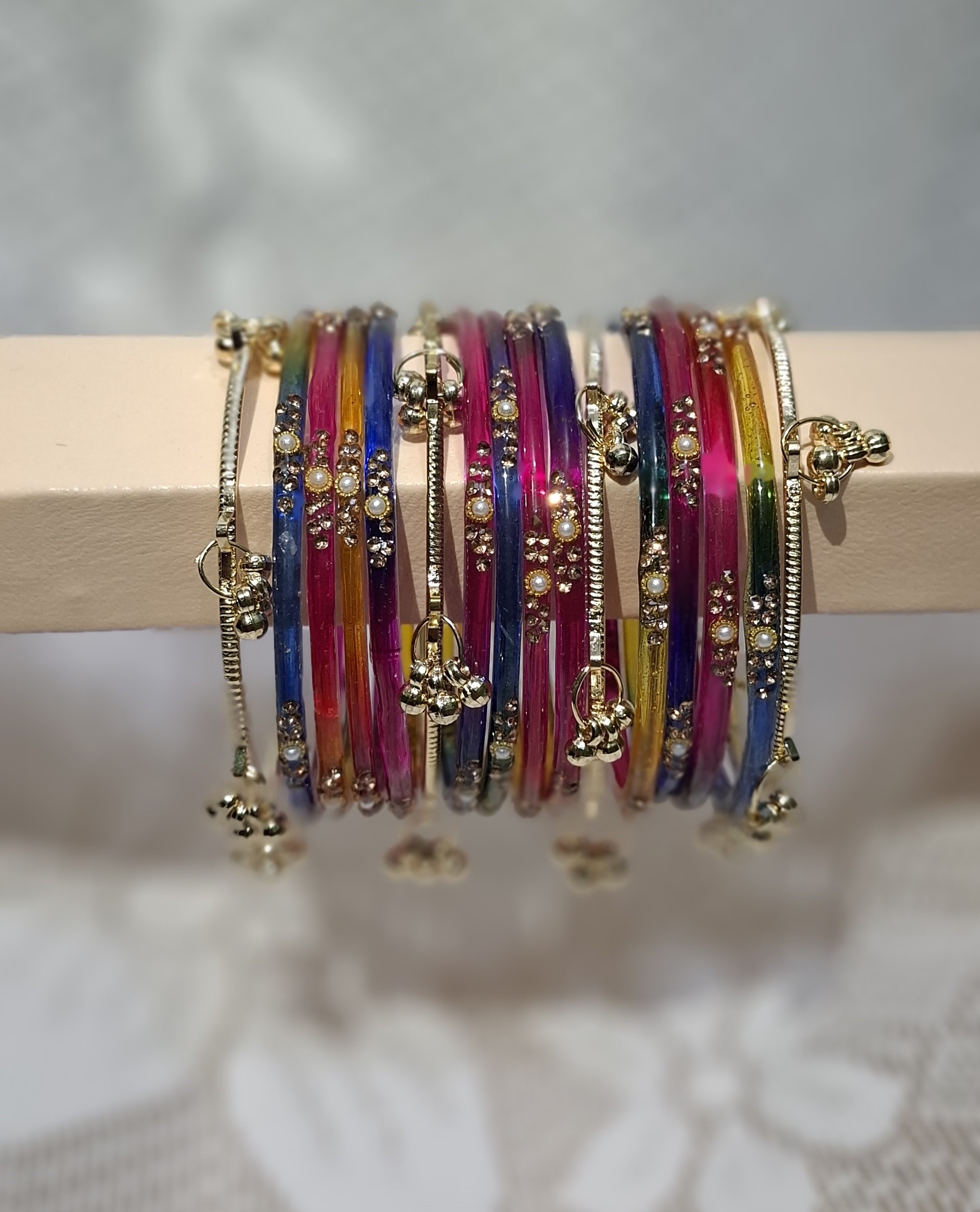 Elegant 16Pcs Glass Bangle Set (12 Raindrop/stone work + 4 Kashmir)