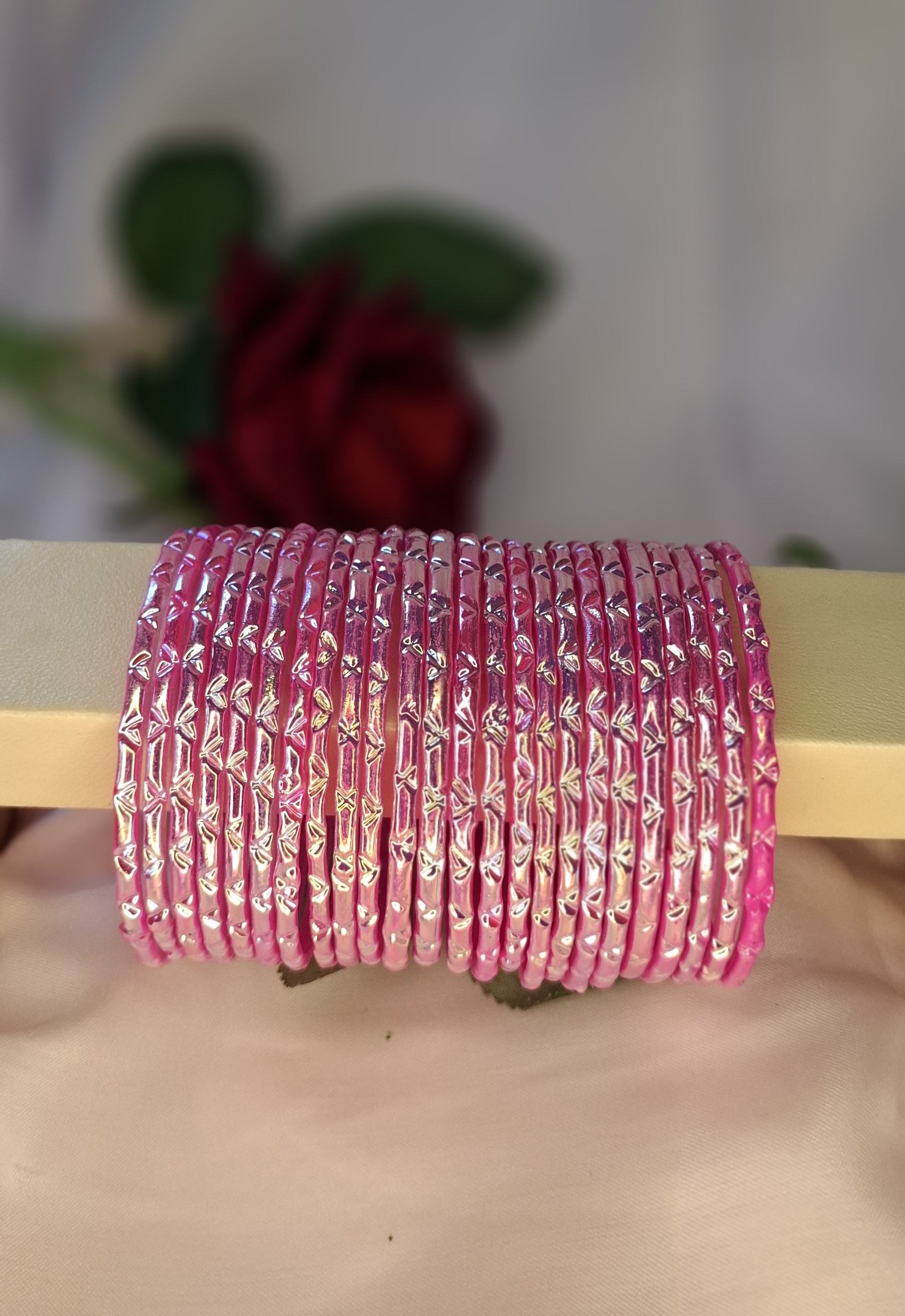 Cosmic Violet Kacher Churi - Crystal-Cut Raindrop Glass Bangles (24pcs  hot pink)