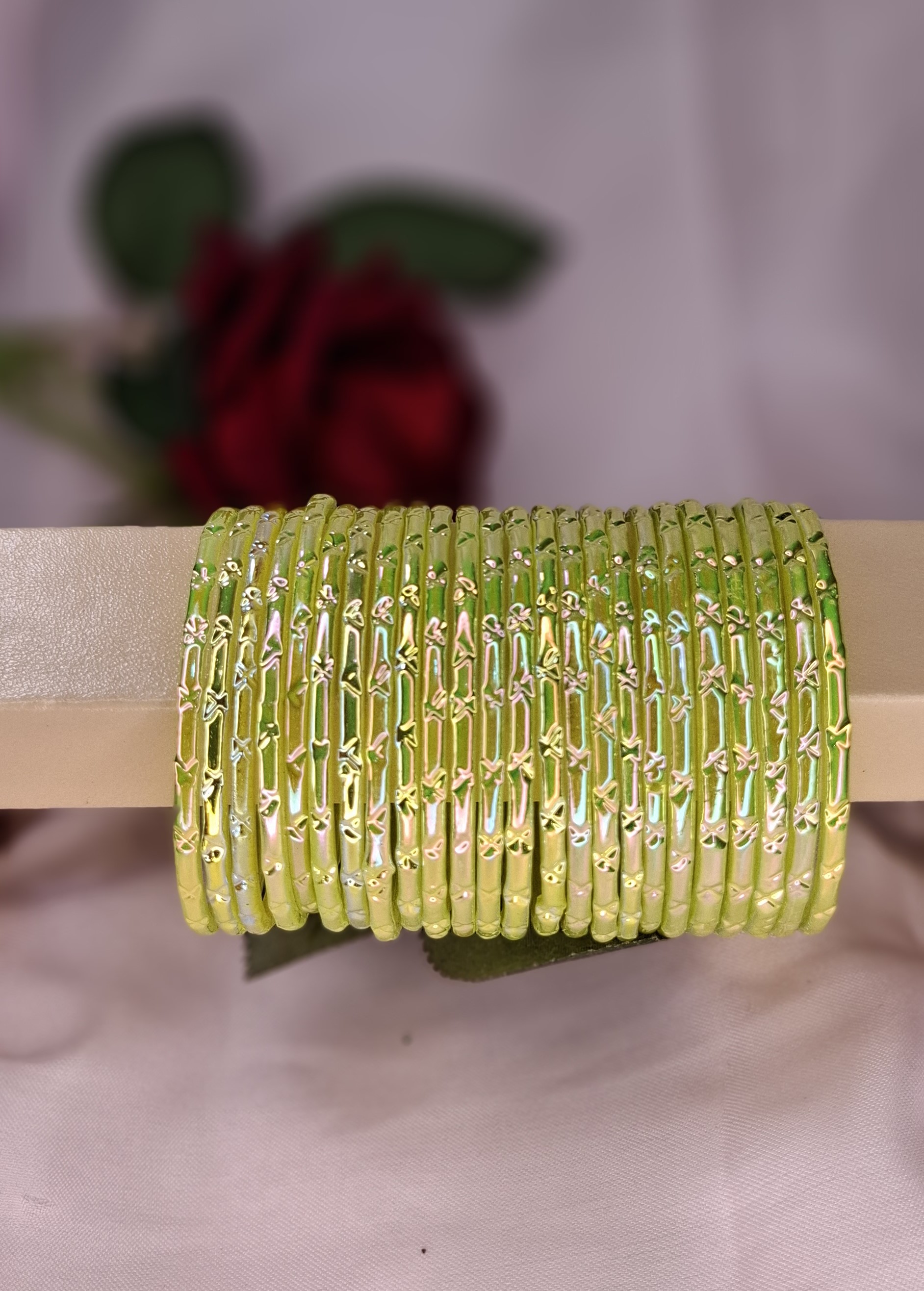 Cosmic Violet Kacher Churi - Crystal-Cut Raindrop Glass Bangles (24pcs lame green)