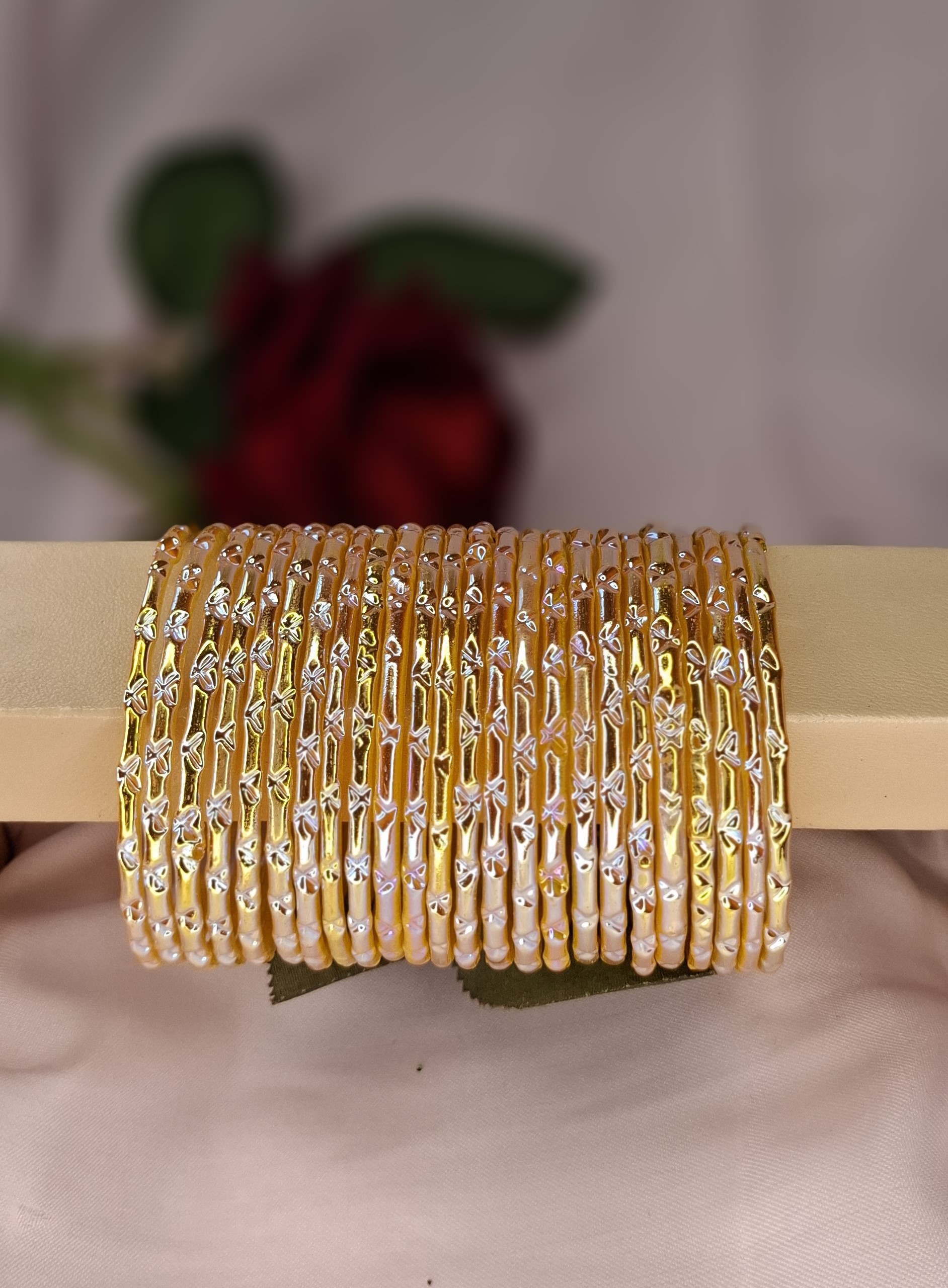 Elegant Pearly Iridescent Glass Bangles / Traditional Churi Set(24pcs Bright gold)